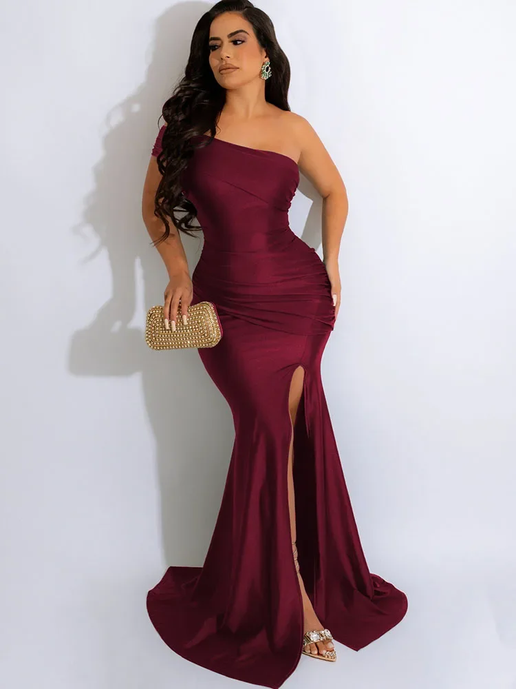Elegant One Shoulder Split Mermaid Long Dresses for Women Evening Night Party Sleeveless Ruched Formal Prom Wedding Guest Dress