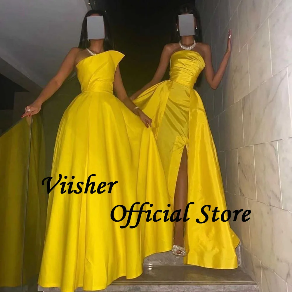 Viisher-Robe de Soirée en Satin Jaune Sans Bretelles pour Femme, Fente Latérale, Ligne A, avec Traîne, Longue, Formelle