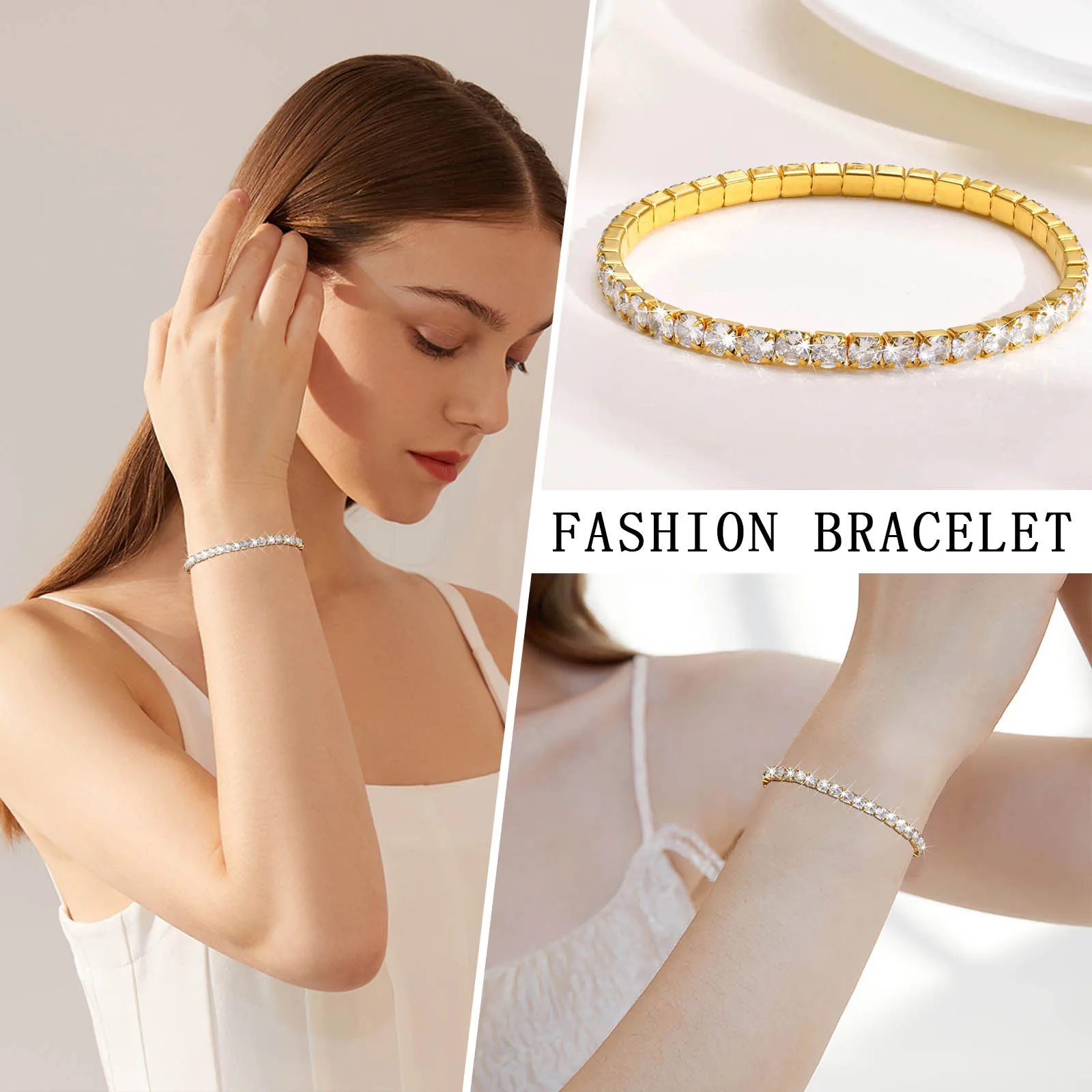 Cubic Zirconia Tennis Bracelet for Women, Elastic Stainless Steel Rose Gold Color Hand Chain, Minimalist Link Wholesale Jewelry
