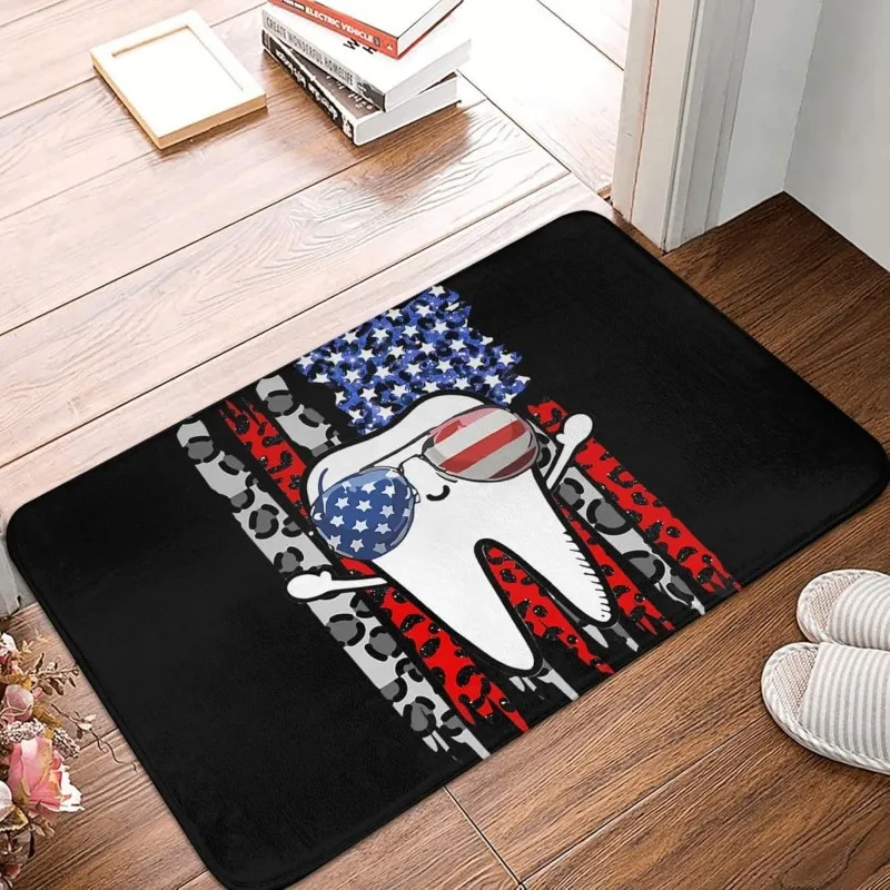 American Flag Tooth Print Doormat, Patriotic Dental Design Non Slip Floor Mat for Dentist Office Home Entryway Decor