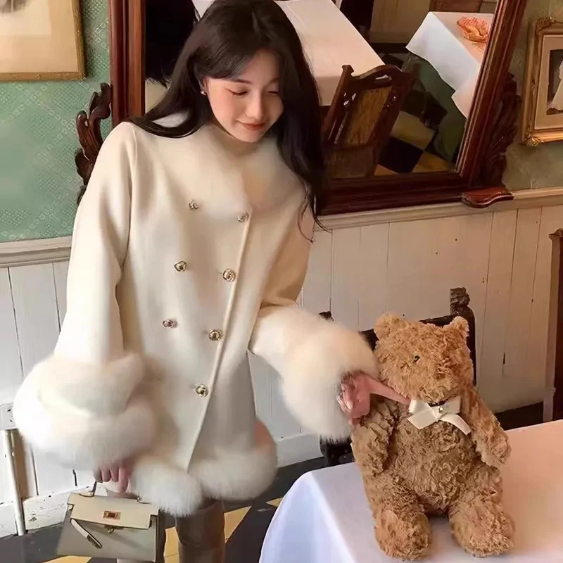 Elegant White Fur Collar Woolen Coat Rich Girl Style Unique Beautiful Winter Outerwear Long Sleeve Warm Thickened Lady's Coat