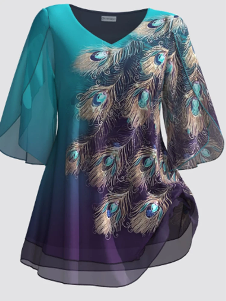 Women Chiffon Short Sleeve T shirt Plus Size V-Neck Casual Loose Peacock Feather Print Vintage Summer Fashion Tee Top 2024