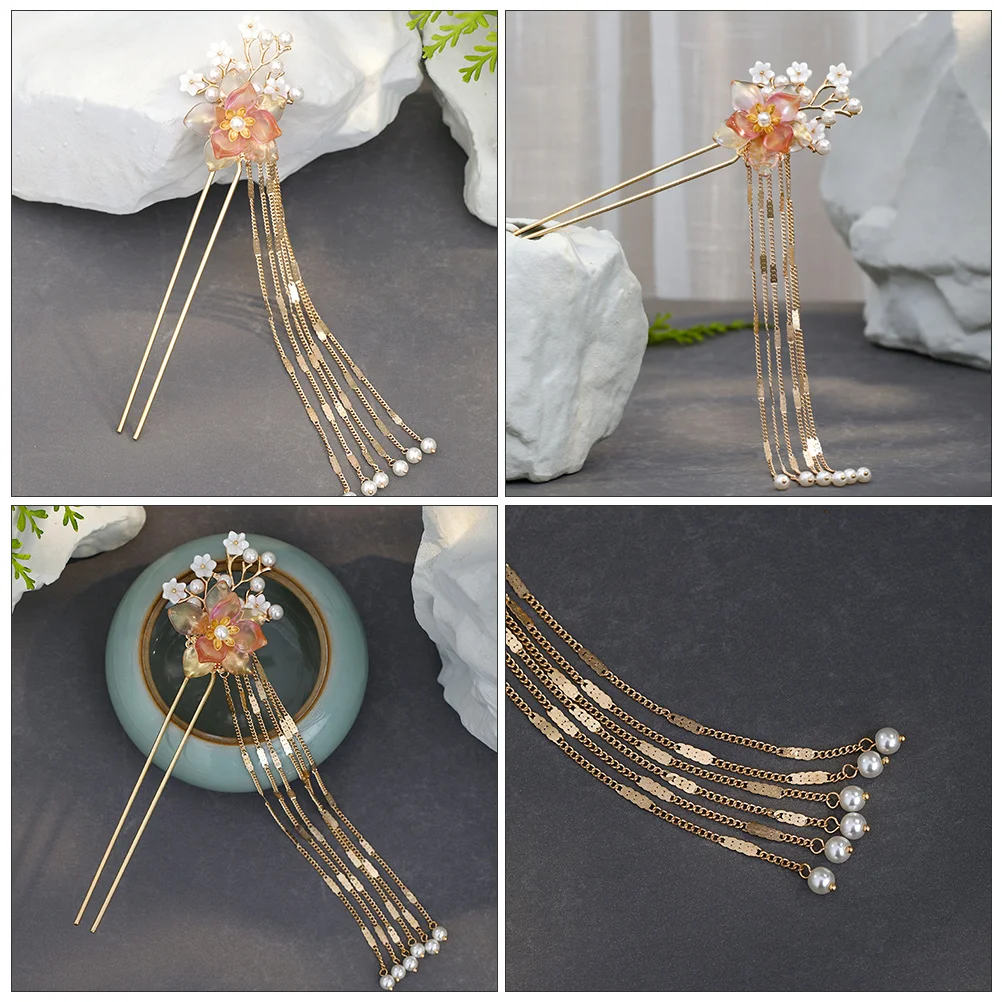 

Retro Floral Hairpin Stick Chinese Hanfu Tassel Accessories Flower Vintage Alloy Bride