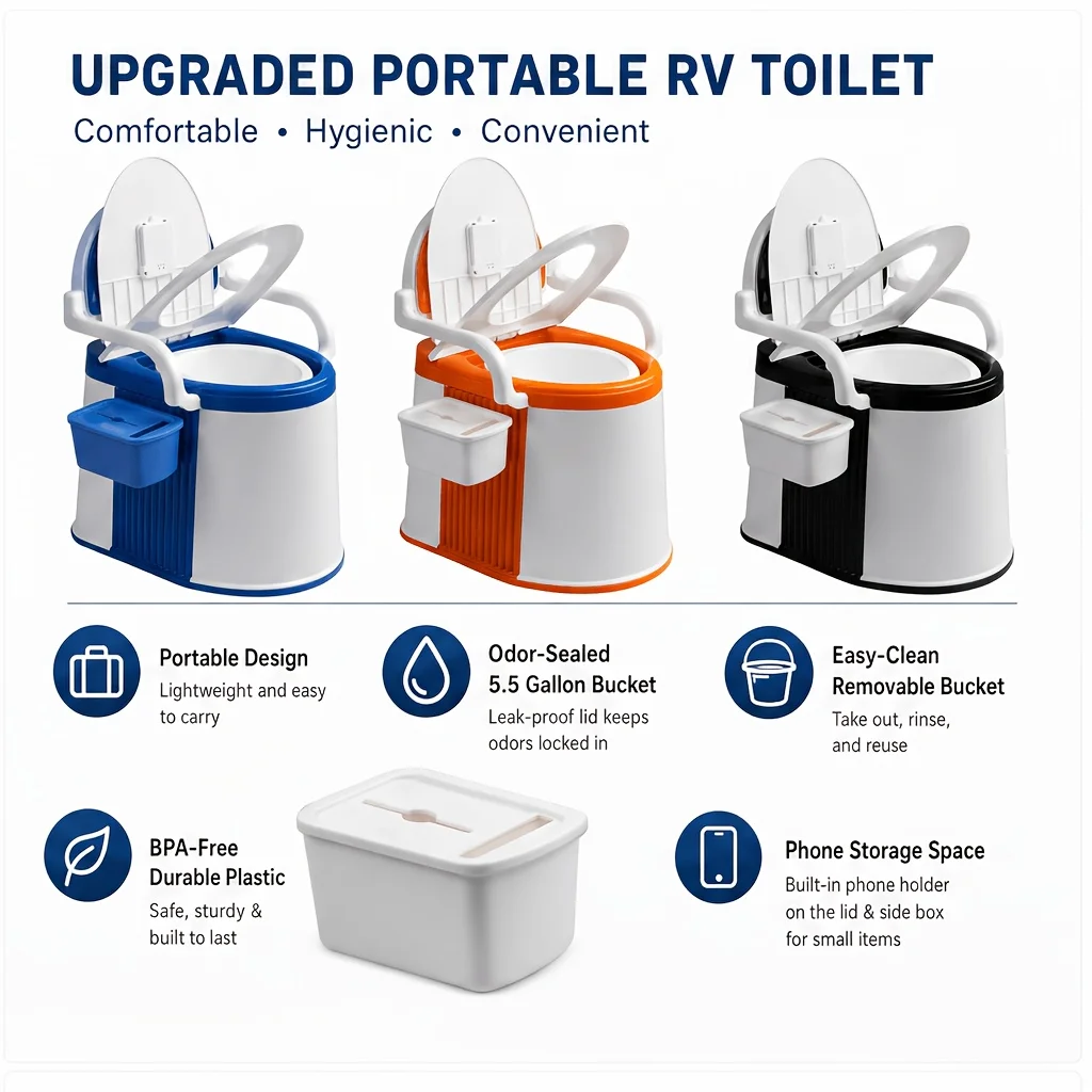 

Portable Toilet Portable Camping Toilet with Backrest, 5 Gallon Detachable Bucket Commode W/ Handrails. Lightweight Plastic Design for RV/ Boat/ Travel ( & White)