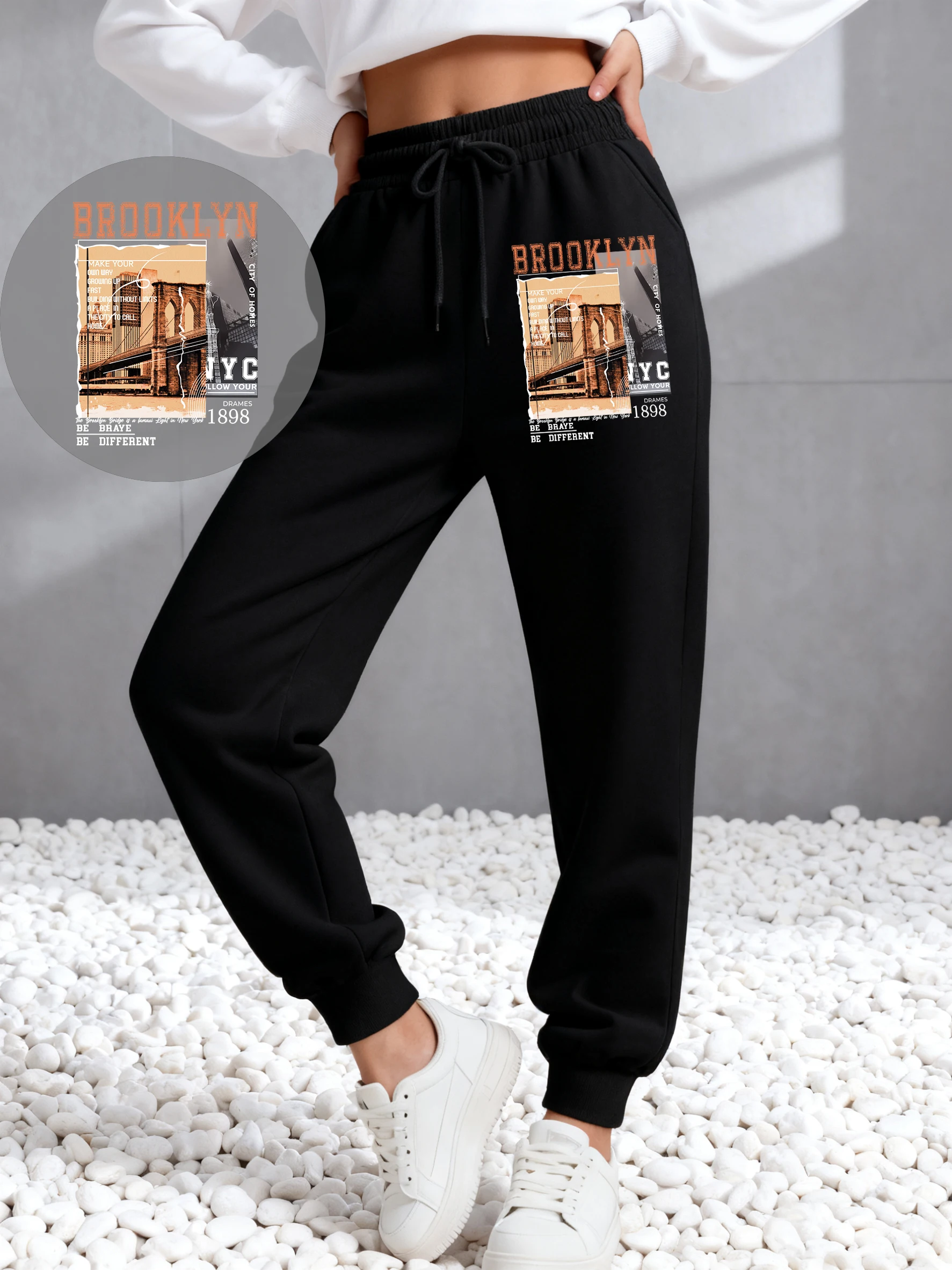 Brooklyn New York City Bridge Scenery Printing Women Pants Fleece Autumn Trousers Street Soft Y2K Jogging Pant Casual Sweatpants