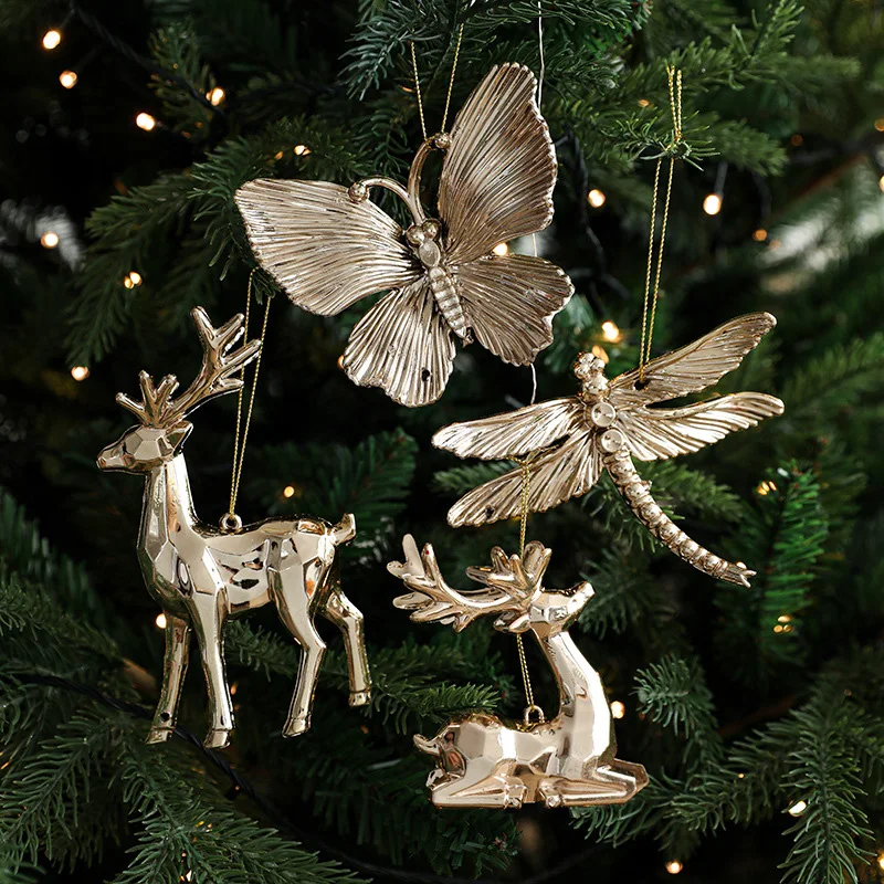 

Christmas Gold Ornaments Elk Butterfly Angel Snowflake Plastic Pendants Xmas Tree Hanging Decoration for Home 2026 New Year Gift