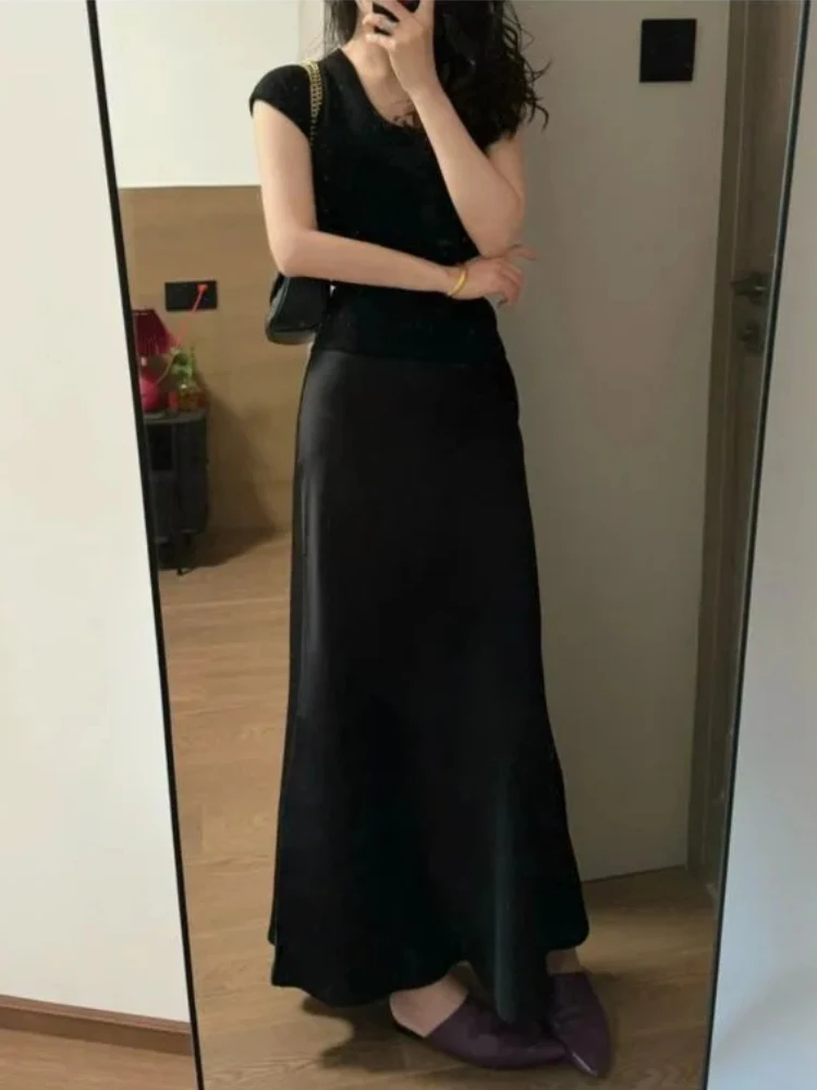 Houzhou elegante schwarze Satin Rock Frauen Mode Straße hohe Taille schlanke Seide lange Trompete Röcke weiblich Büro lässig Herbst