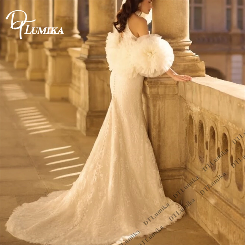 

DTLumika Women's Lace Mermaid Wedding Dress Sexy Halter Long Bride Dresses with Puff Sleeves, Customized Court train Bridal Gown