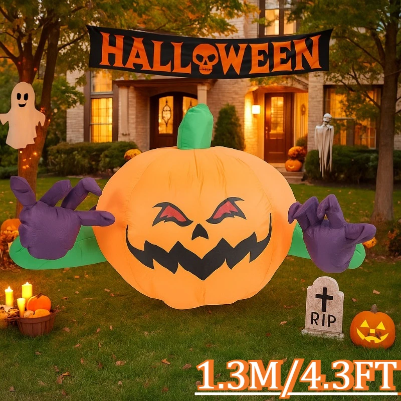 Juguetes inflables de 4,3 pies, decoraciones de Halloween, decoraciones de cabeza de calabaza de mano púrpura, decoración del hogar, fiesta de Navidad, decoración navideña