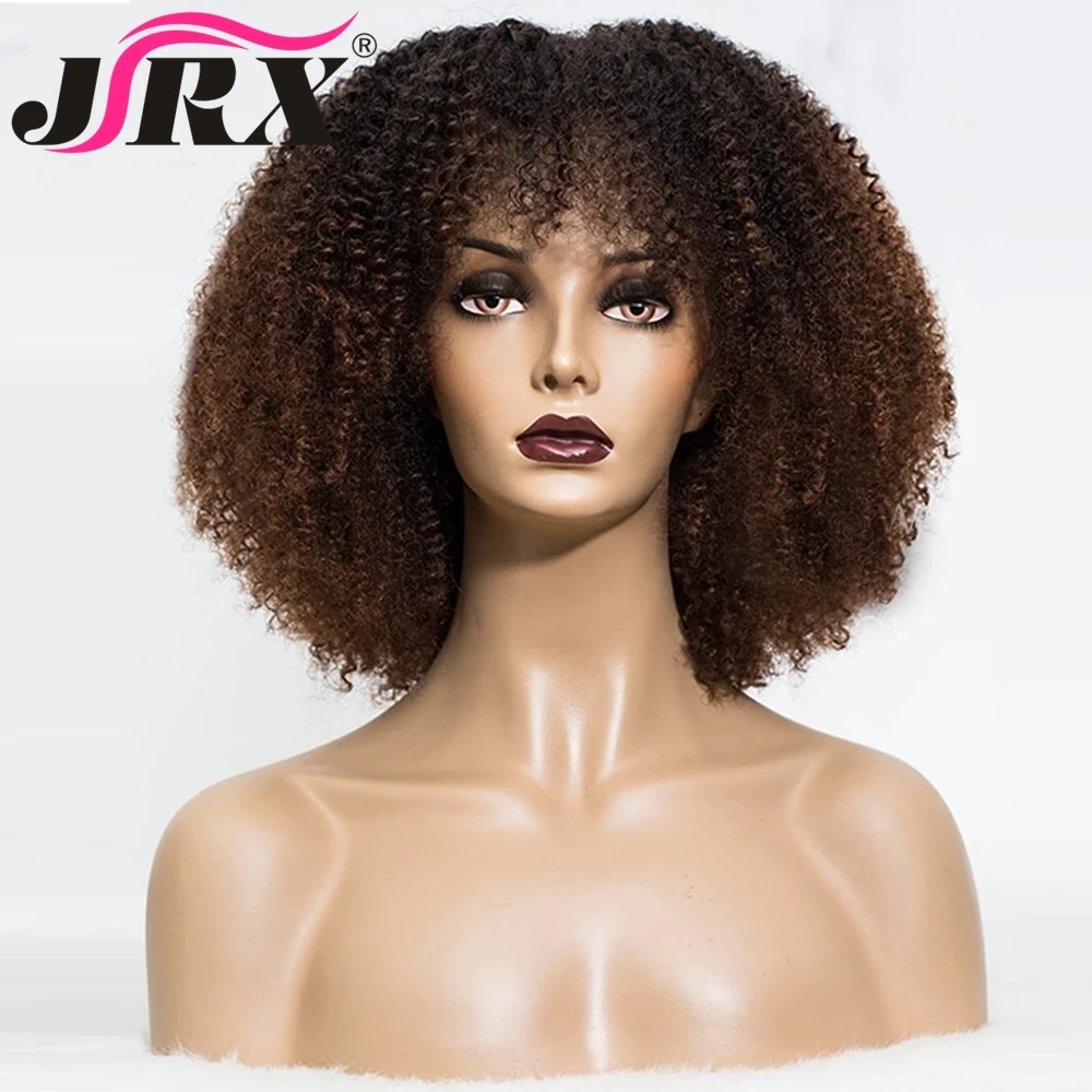 

Afro Kinky Curly Human Hair Wigs with Bangs Short Bob Honey Blonde Color Full Machine Made Wigs for Black Women Remy Fringe Wigs