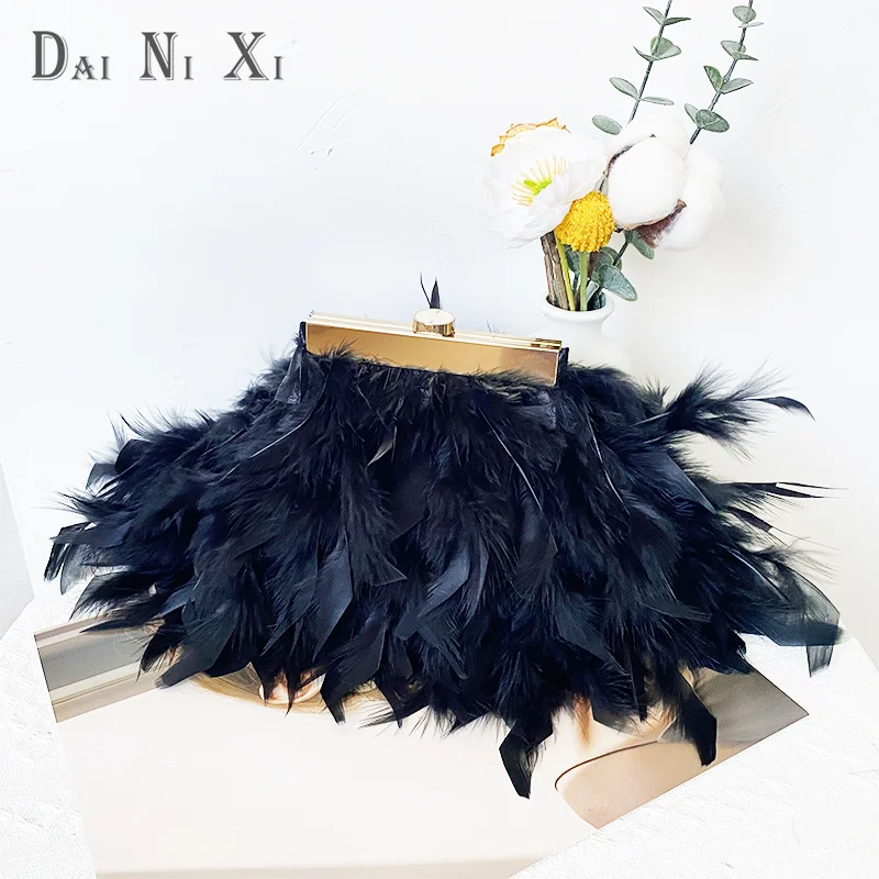 New Turkey Feather Crossbody Clutch Ostrich Feather Chain Evening Ladies Purse Shoulder Bag