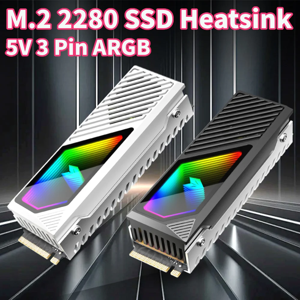 

M.2 2280 SSD-радиатор, твердотельный накопитель, охладитель ARGB 5 В, 3-контактный охладитель SSD из алюминиевого сплава, встроенный вентилятор 9000 об/мин, термосиликоновая накладка