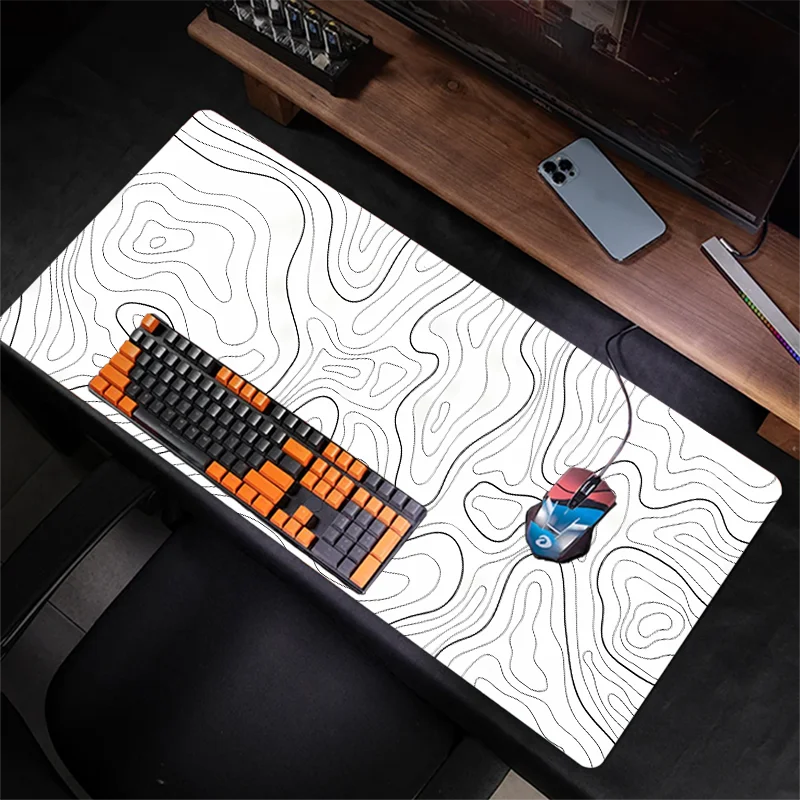 Large White Abstract Terrain Line Mouse Pad Washable Non-Slip Rubber Desk Mat for Office Gaming Black White Design Gift