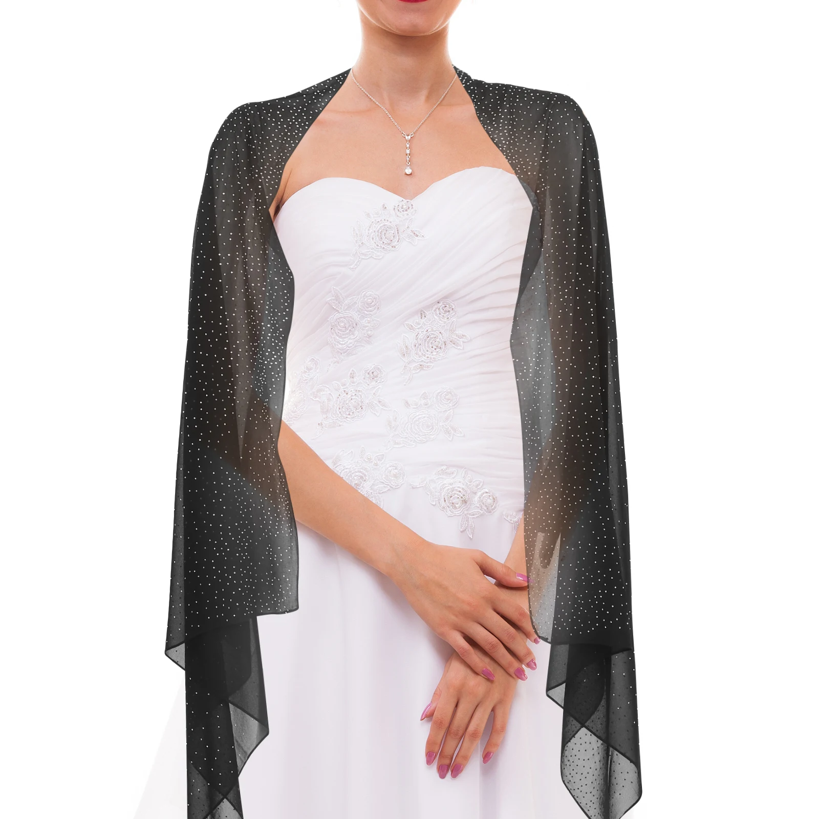 

Ladies Chiffon Shawl Black Rhinestone Cape Evening Dress Wedding Formal Wrap Soft Lightweight Accessories Scarf