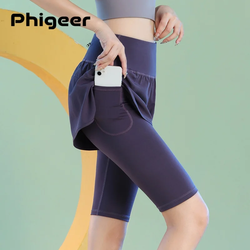 PHIGEER Women Yoga Shorts Fake Two-Piece Quick Dry High Waist Running Shorts Lightweight Biker Tights With Pockets Active Wear