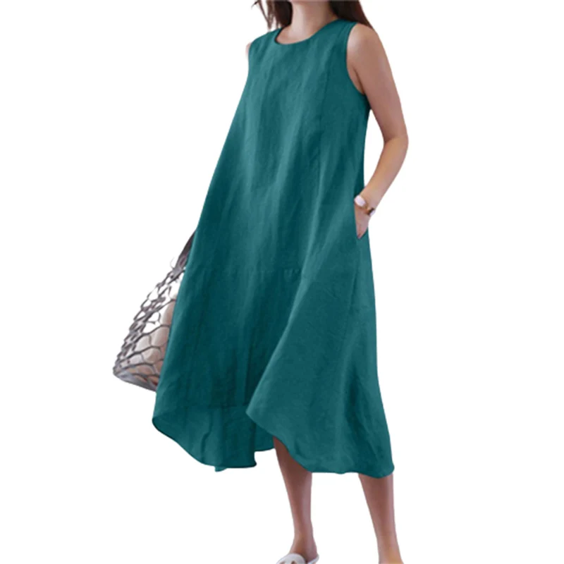 Komfortable Baumwolle Leinen Einfarbig Kleid Frauen Sommer Große Größe Doppel Tasche Ärmellose Elegante Weibliche Minimalistischen Stil Kleid