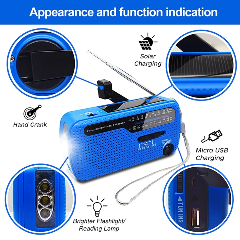 

Hand Crank Full Band Solar Powered AM/FM/SW1/SW2 Weather Radio Emergency LED Flashlight Lamp for Outdoor Survival