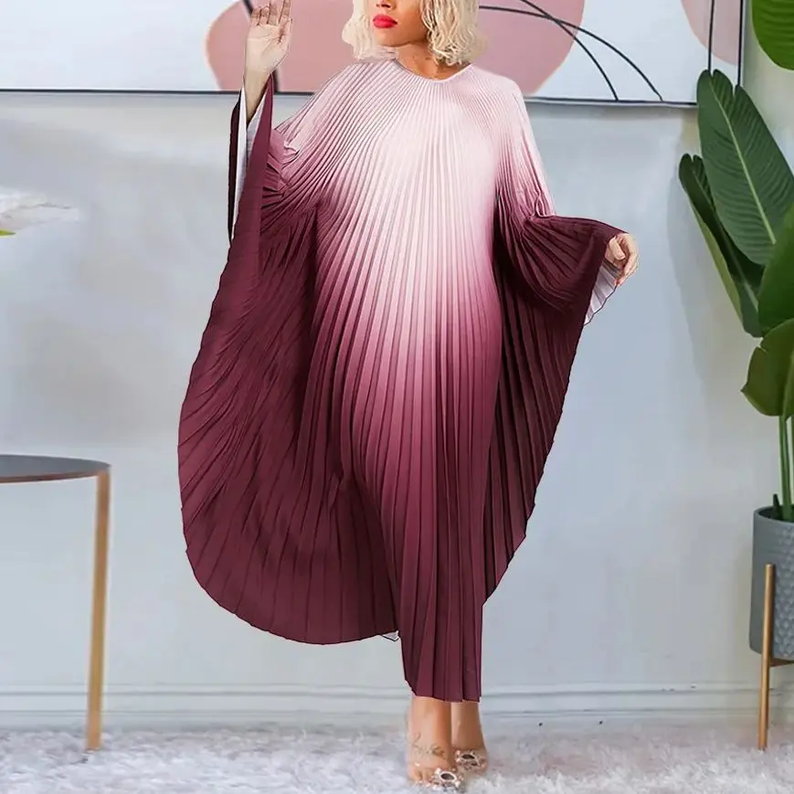 Plus Size Tie Dye Loose Elegant Dress Female Batwing Pleated Prom Women Long Robe 2023 Autumn Fashion Large Size One Piece Dress