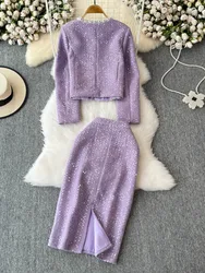 Blazer Suits Mini Skirts Sets Women Plaid Short Two Piece Set Autumn Pink White Slim Tweed Jacket Half Skirt Female Two-piece