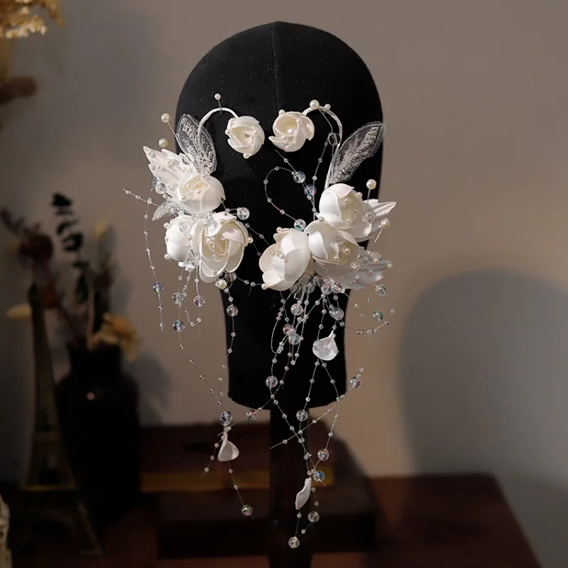 

New Crystal Satin Camellia Bridal Headdress Dual-purpose Tassel Ear Hook Wedding Dress Photo Studio and Makeup Accessories