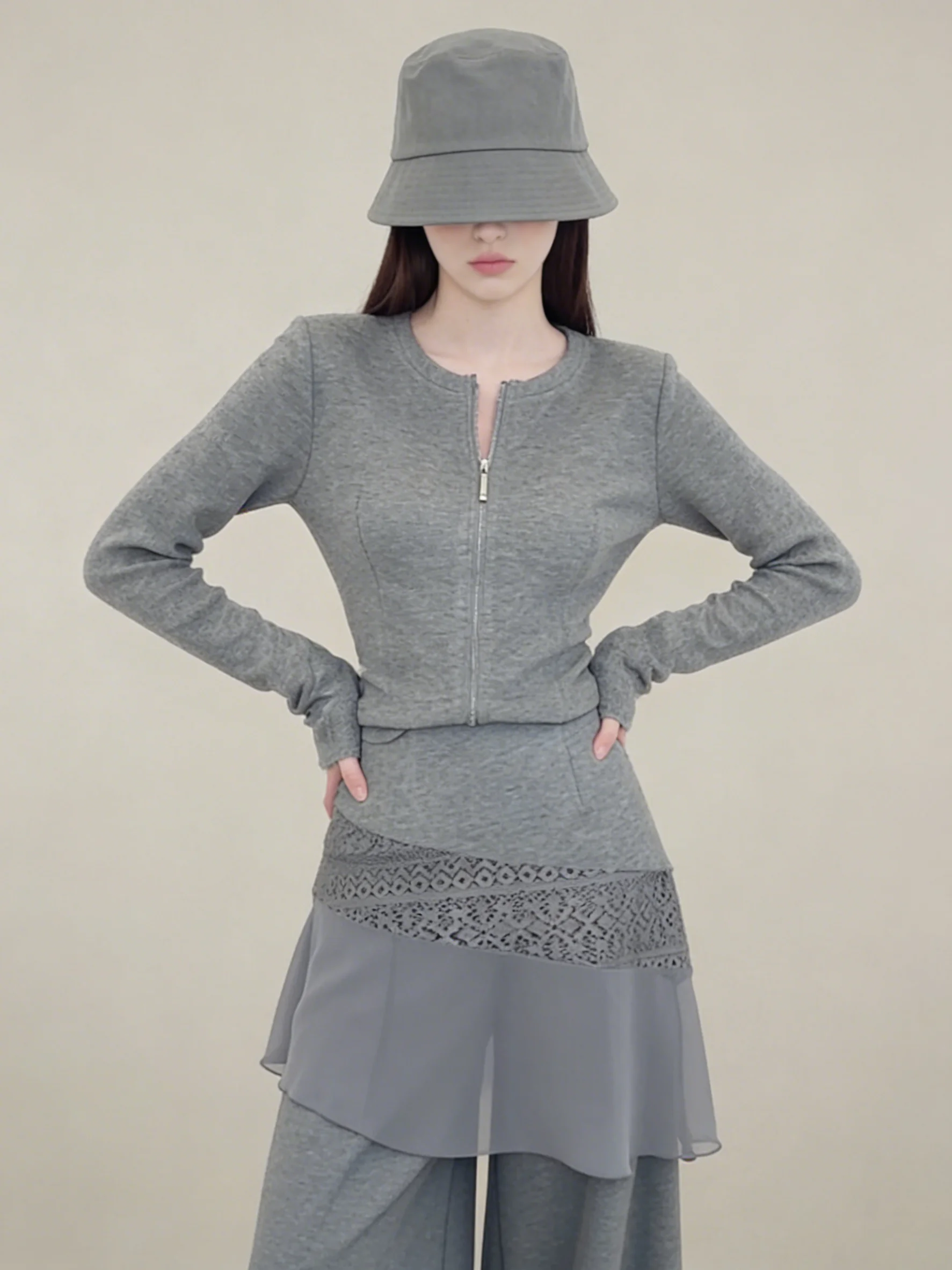 

Gray Slim Fit Long Sleeve Women's Suit Pants Set Chic Casual High Waist Trousers round Neck Zipper Closure Fashionable Ensemble