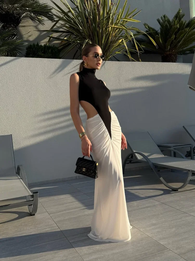 شيك التباين المرقعة مطوي فستان طويل مثير الجوف خارج عالية طوق سليم صالح Vestidos للنساء 2025 عطلة الشارع العباءات