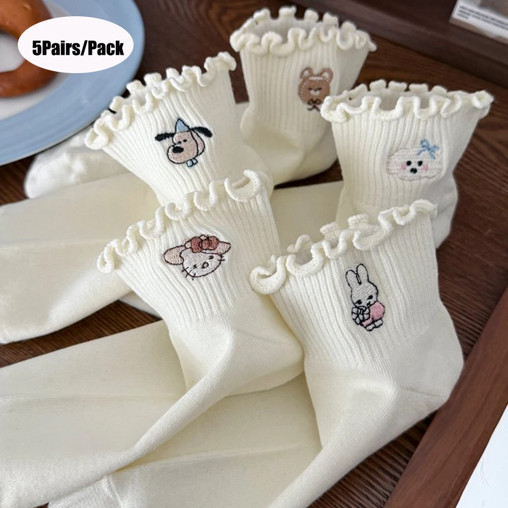 5 Paar/Packung Damen Frühlings- und Herbst-Qualitätssocken mit Rüschen, Cartoon-Motiven, Niedlichen Herzen, Schleifen, Kaninchen und Bären-Stickerei, Weiße Baumwollsocken für Mädchen