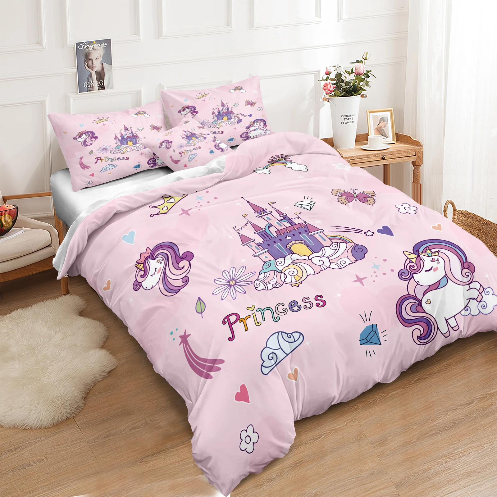 Pink Girls Bedding Sets Unicorn Duvet Cover Set Modern Fashion Home Textiles Floral Bed Linen for Dropshipping