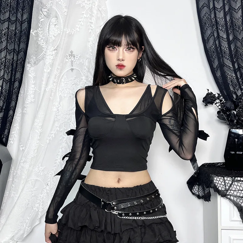 Cseta Fena de Manga Longa com Laço Borboleta Curto, Estilo loween, Sensual e Atrevida, em Fibra de Poliéster