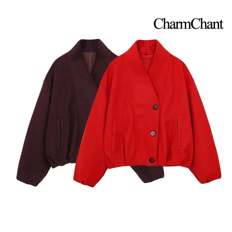 CHARMCHANT Women's Oversized Wool Blend Cropped Jacket Wide V Neck Long Sleeve 3 Button Casual Coat Autumn Winter Red