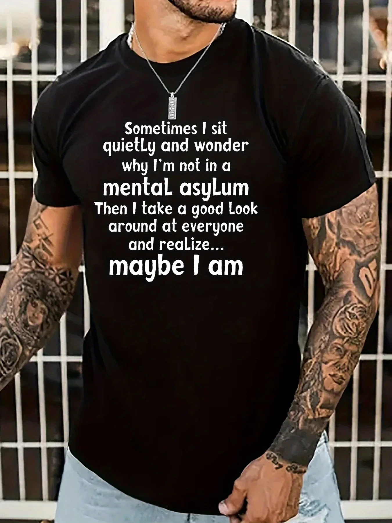 

Men's 220g Cotton Tee: "Mental Asylum" Graphic Print Soft & Breathable Everyday Comfort Top