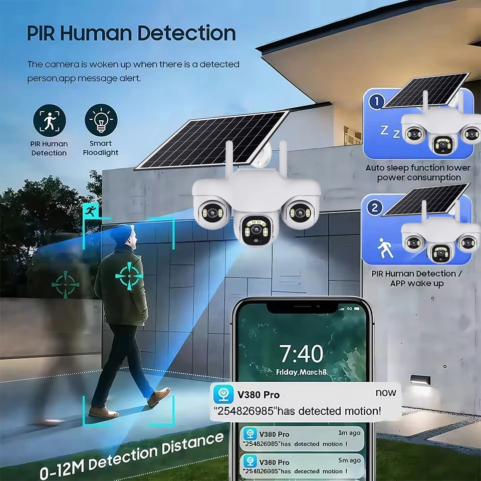 كاميرات 4G بعدسة ثلاثية مع لوحة طاقة شمسية 12 ميجابكسل مراقبة CCTV خارجية PIR كشف الإنسان للرؤية الليلية المدمج في البطارية