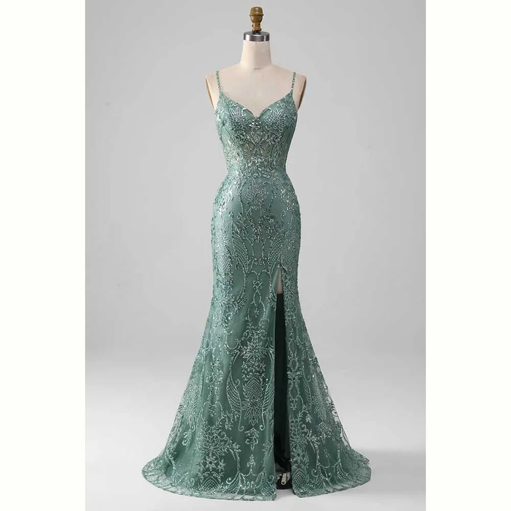 2024 Autumn Green Formal Women Prom Dresses Spaghetti Strap Sweetheart Floor Length Trumpet Sexy Backless Female Prom Gowns