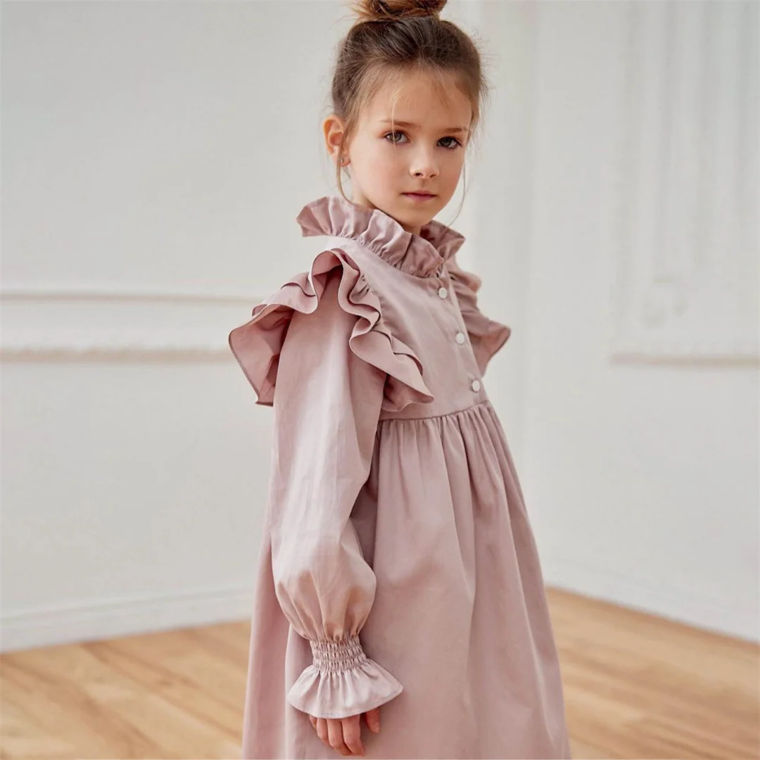 

Spring and Autumn Baby Girls Long Sleeve Dress Children Solid Clothes Temperament Retro Vestidos Princess Kids Casual Dresses