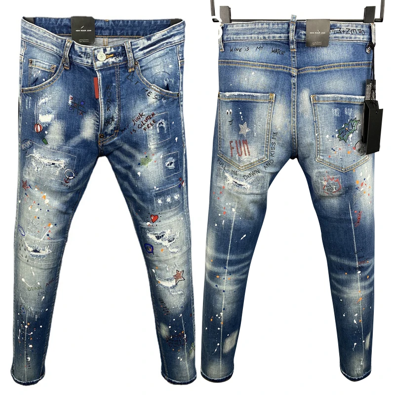 

Trousers men's quadratic jeans embroidery paint spot holes ground white jeans slim slim straight foot denim dsq9806