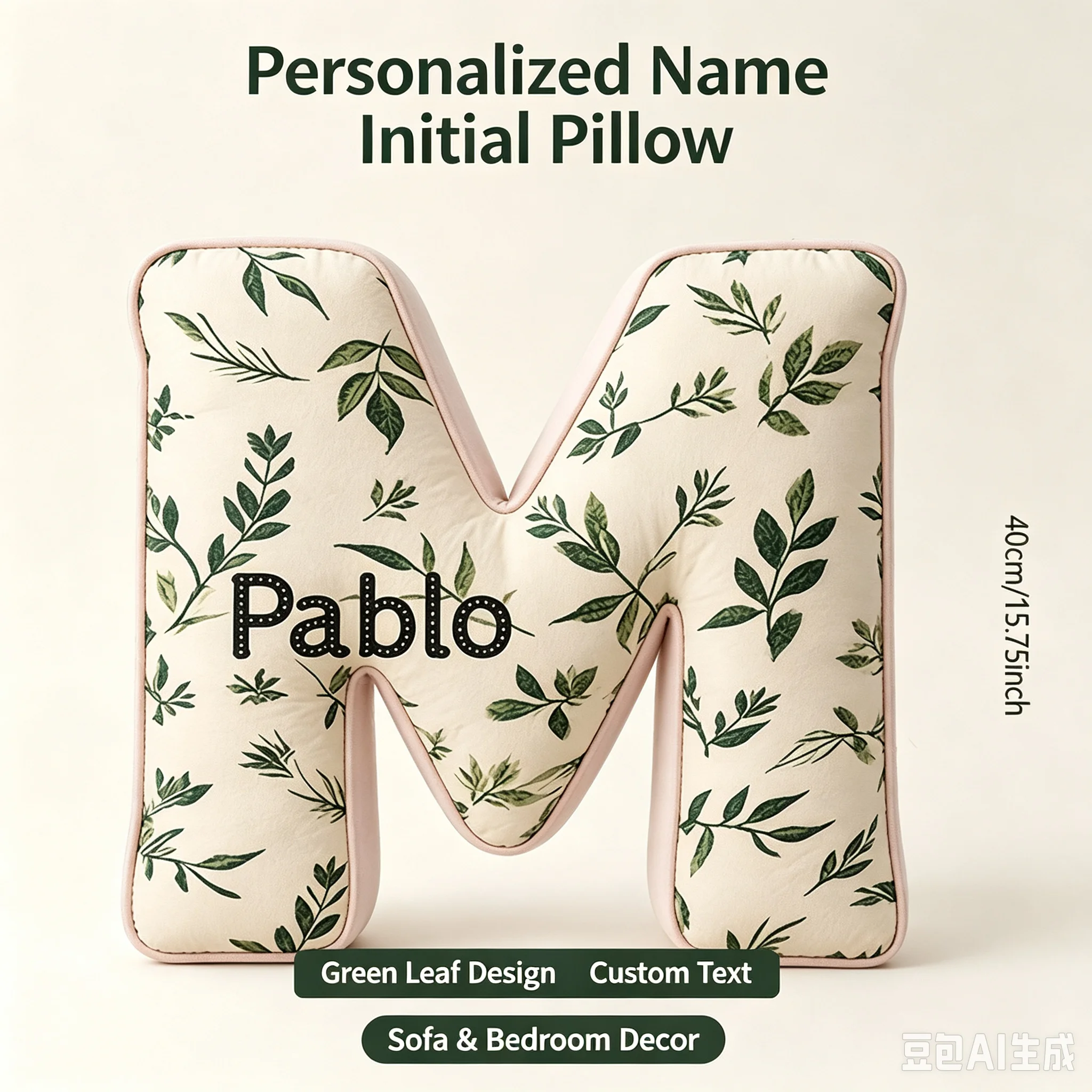 Personalized Name Initial Pillow Custom Letter M Shaped Cushion Green Leaf Design Decorative Sofa Bedroom Gift Xmas Housewarming