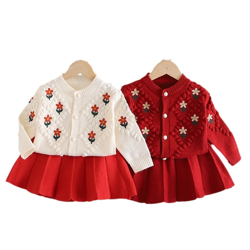 Diamond check Whole flower embroidery Girls\' knitted two-piece set  girls sweater  winter clothes for girls  knit sweater