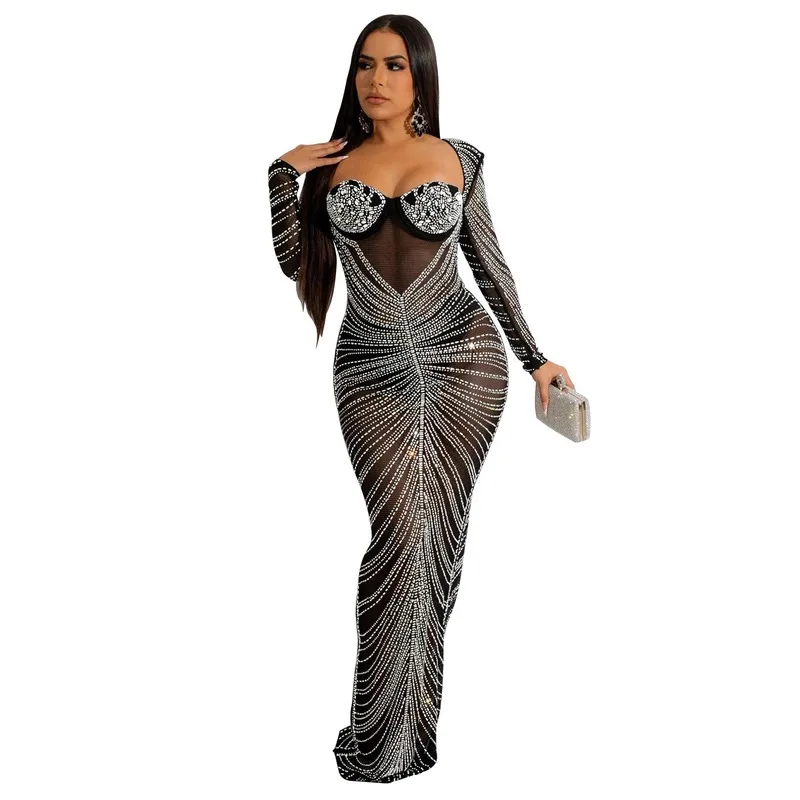 Maxi vestido de fiesta de malla transparente con diamantes para mujer, sin tirantes, Espalda descubierta, manga larga, Bodycon, ropa de Club larga, bata femenina, regalos de cumpleaños