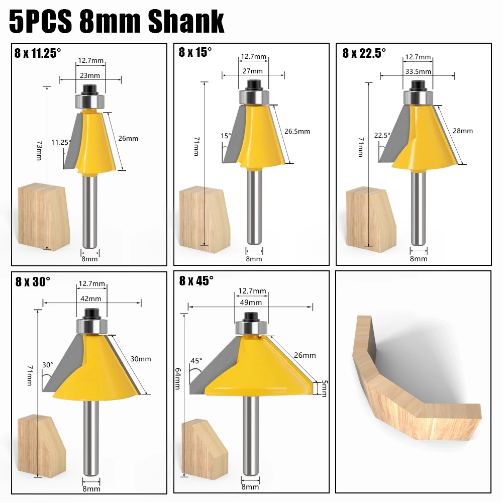 5pcs 6mm 8mm 12mm 1/4′′ 1/2′′ Shank High Quality Large 11.25, 15, 22.5 , 30, 45 Degree Chamfer & Bevel Edging Router Bit Wood