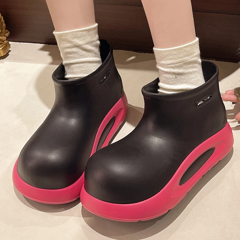 Winter Woman Warm Rain Shoes Female EVA Thick Soled Warmed Caloshes Fur Ankle Waterproof Snow boots Garden Water Boots Footwear