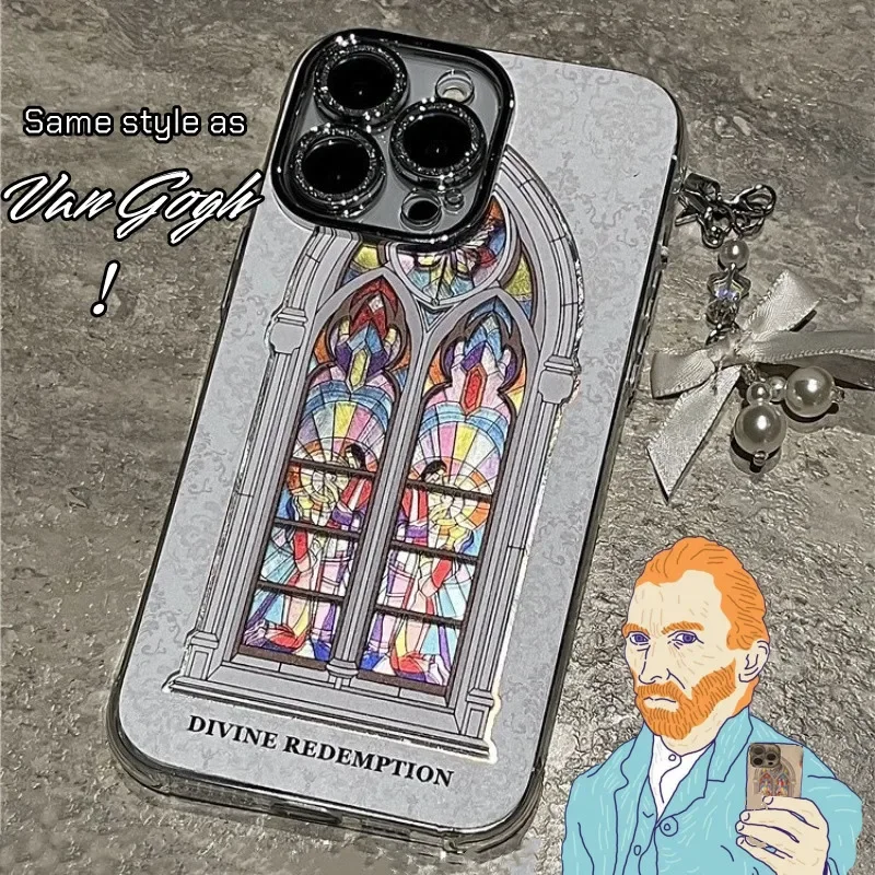 Soft Cover Van Gogh Style Fashion Religious Church Dyed IPhone Case 15 14 13 12 11 Pro Max Shiny Diamond Glass Film Silicone