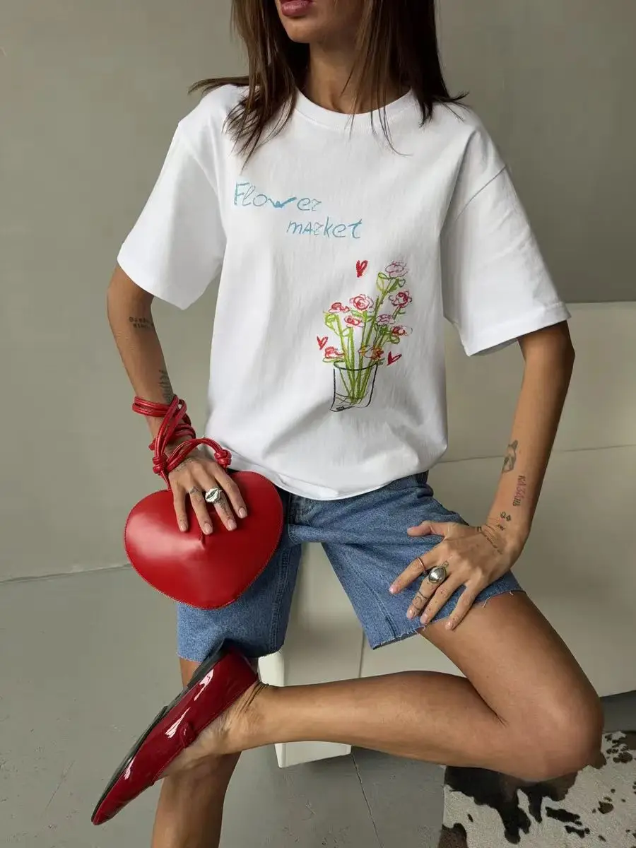 Flower Market Print Beautiful Flowers American Retro 100% Cotton Soft Comfort Tshirt for Women All-match Short Sleeve Summer Tee