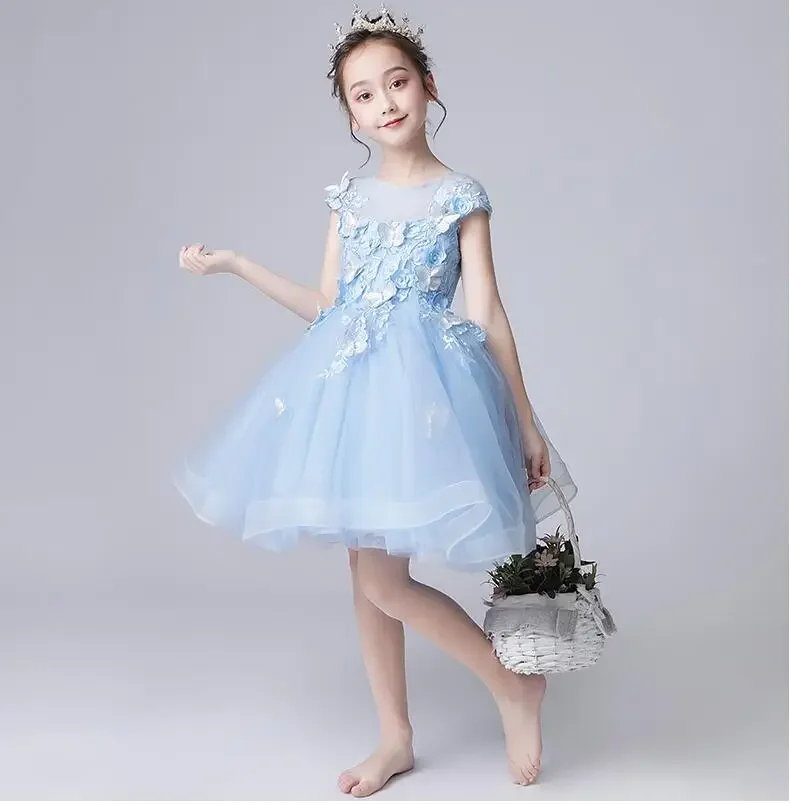 Girls Light Blue Lace Dress Baby Girls First Communion Dresses Appliques Tulle Girls Wedding Princess Costume Pageant Party Gown