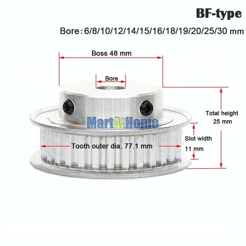 Aluminium Tandriemschijf XL48 48T 48 Tanden Slotbreedte 11mm BF-type Boss 50mm Boring 6 ~ 30mm voor 3D Printer