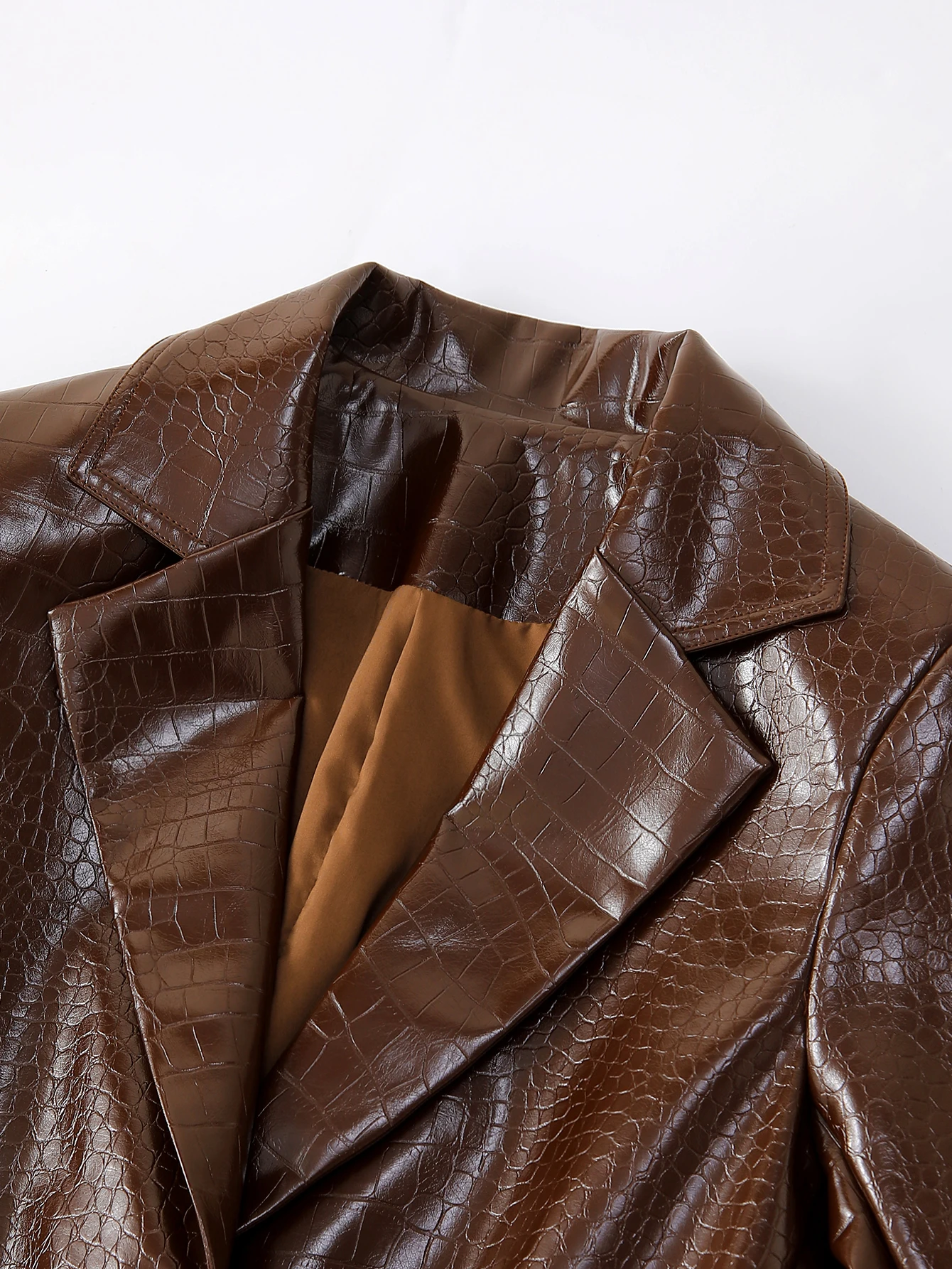 سترة نسائية من جلد التمساح PU، سترة ريترو براون مناسبة للمكتب والملابس الاحترافية، معطف أنيق لجميع المواسم #6