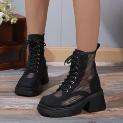 Women Boots Summer New Fashion Platform Sandals Breathable Cross-tied Sewing Shoes Cut Out Mesh Short Modern Ankle Boots Women