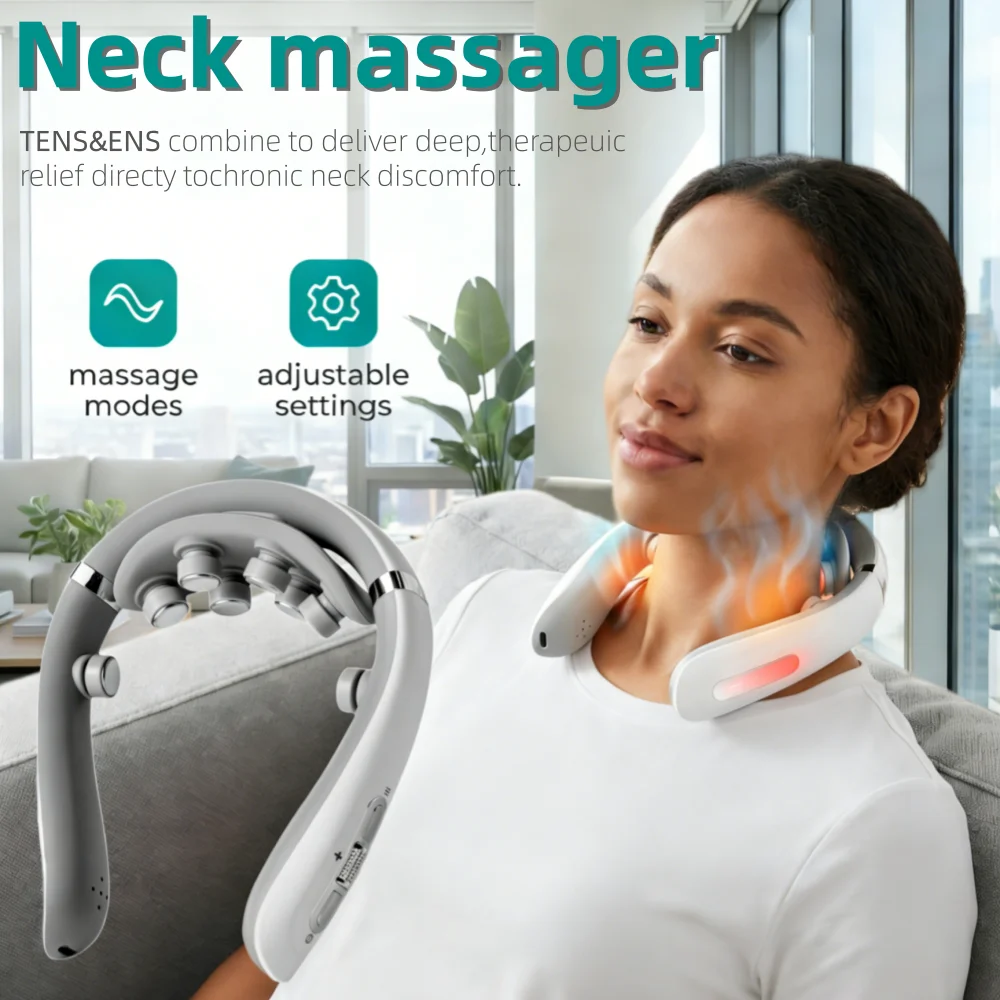 

Электрический массажер для шеи с микротоками, многоголовочный, сменные насадки, беспроводной, с функцией разминания, шиацу, подогревом и вибрацией, для шейного отдела и плеч