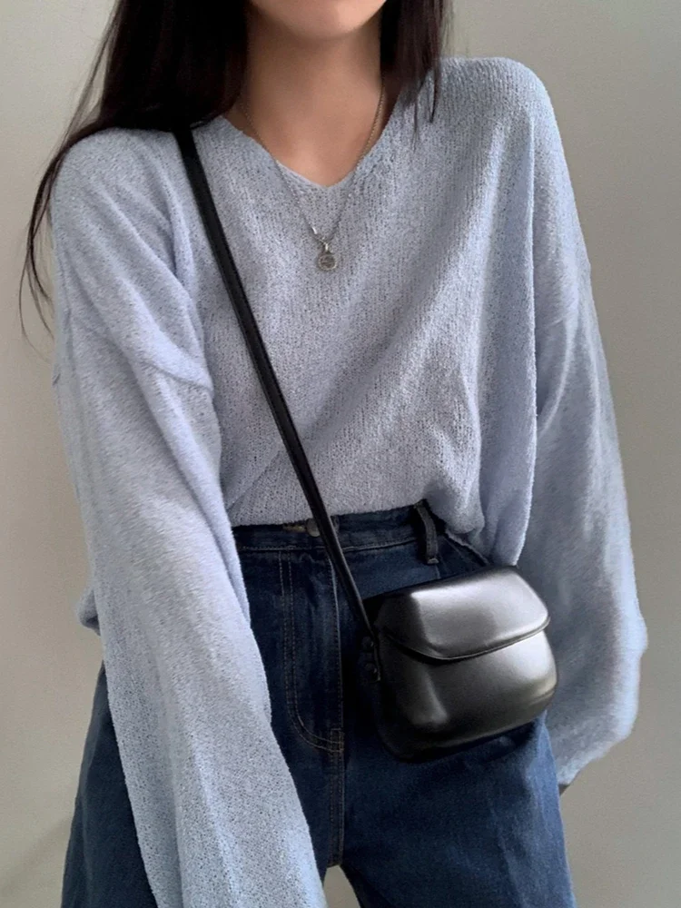

Loose Vintage Harajuku Long Sleeve Women Sweater Korean Spring Summer 2025 Knitwear Soft Thin Tops Chic Solid Femme Sweater