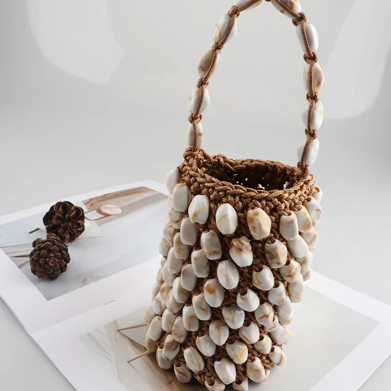 

Rope Crochet Bucket Bags for Women Mini Stone Beaded Women Bag Handmade Knitting Woven Bag Purses and Handbags Small Clutch New