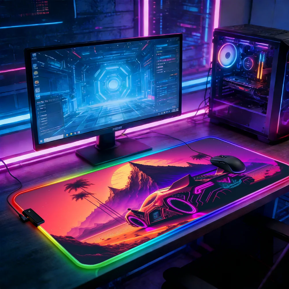 

Светодиодная RGB-подсветка для коврика для мыши, игровой коврик для клавиатуры, настольный коврик с неоновым изображением гор ​ ​ Коврик для мыши в стиле спортивного автомобиля, аксессуар для ПК